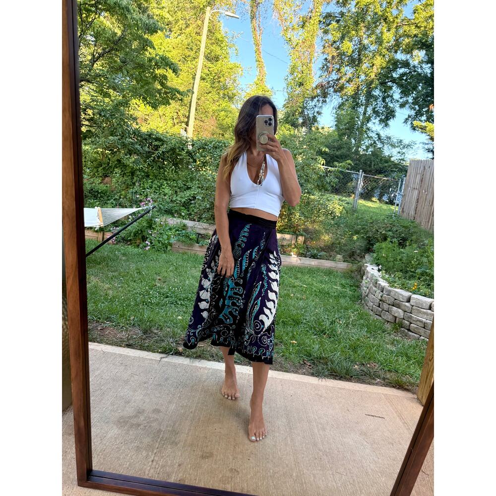 Vintage Navy Aqua Hand-Batik Wrap Midi Skirt